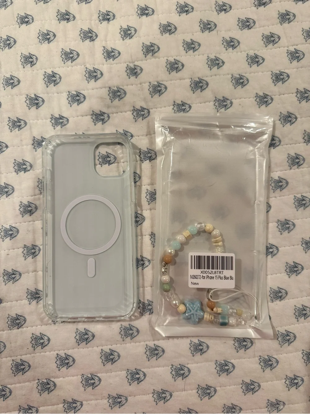 Amazon Blue Striped Phone Case with Pastel Beaded Charm